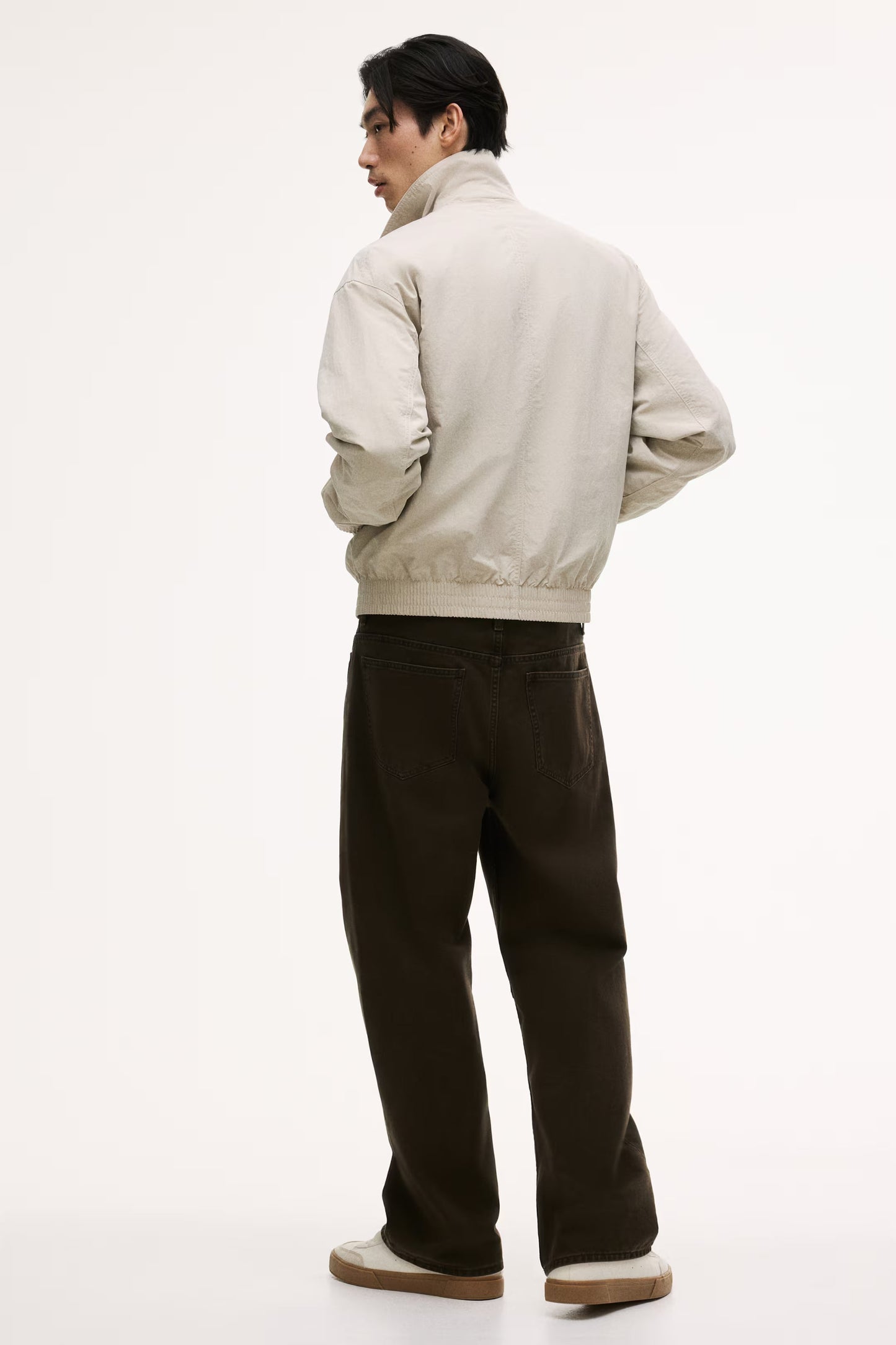 Beige Nylon Collared Bomber Jacket with Two-Way Zip and Elastic Cuffs