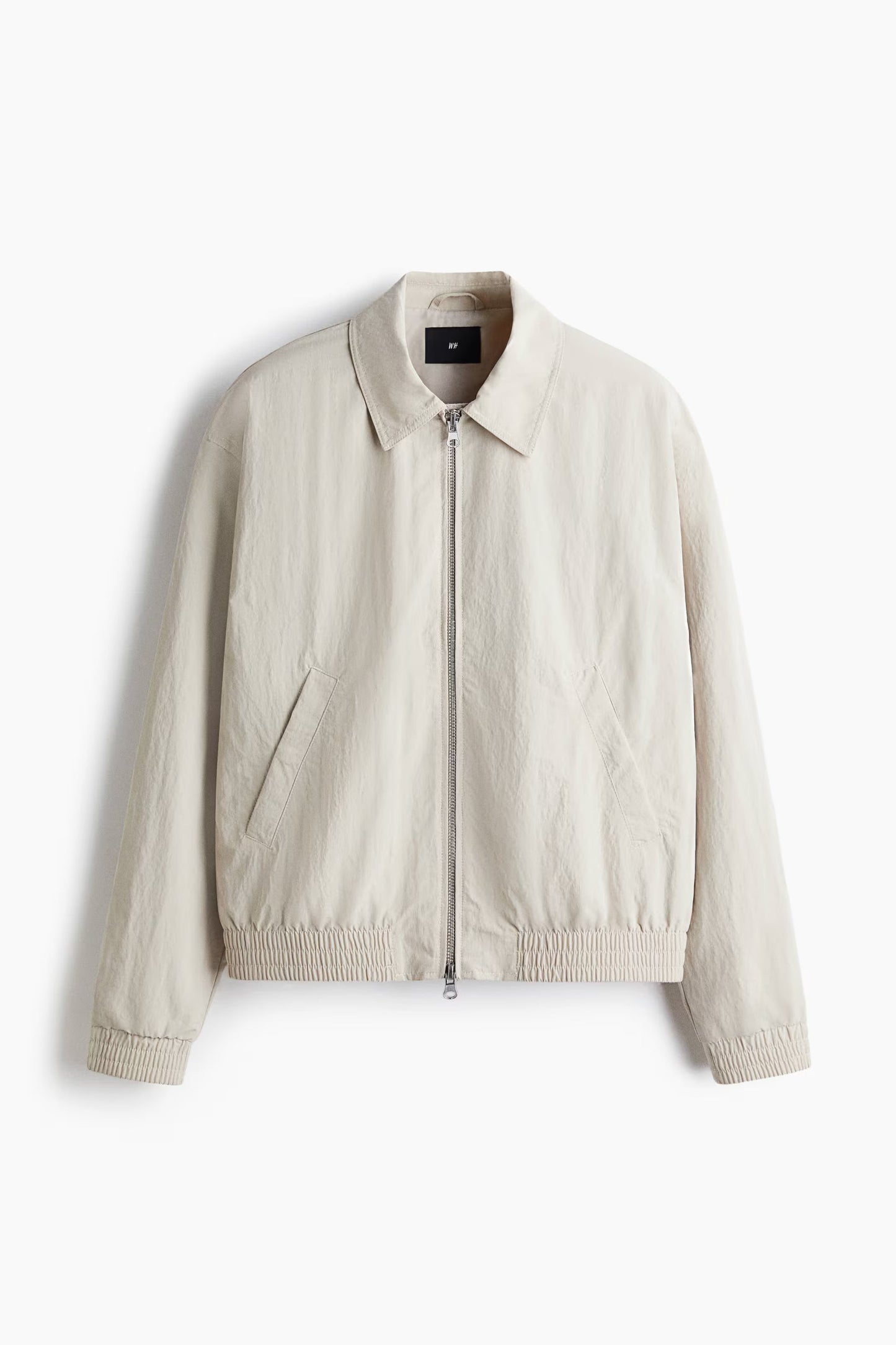Beige Nylon Collared Bomber Jacket with Two-Way Zip and Elastic Cuffs