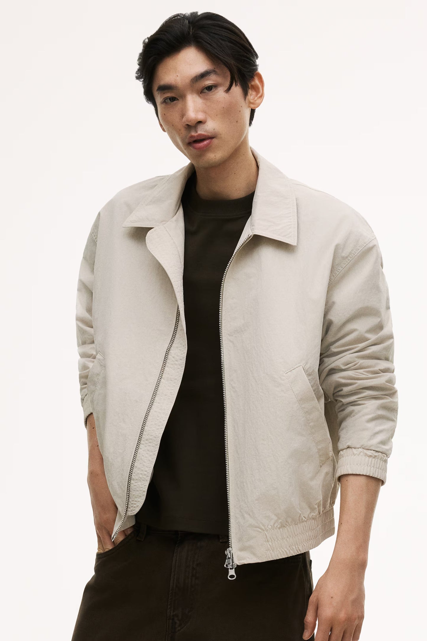 Beige Nylon Collared Bomber Jacket with Two-Way Zip and Elastic Cuffs